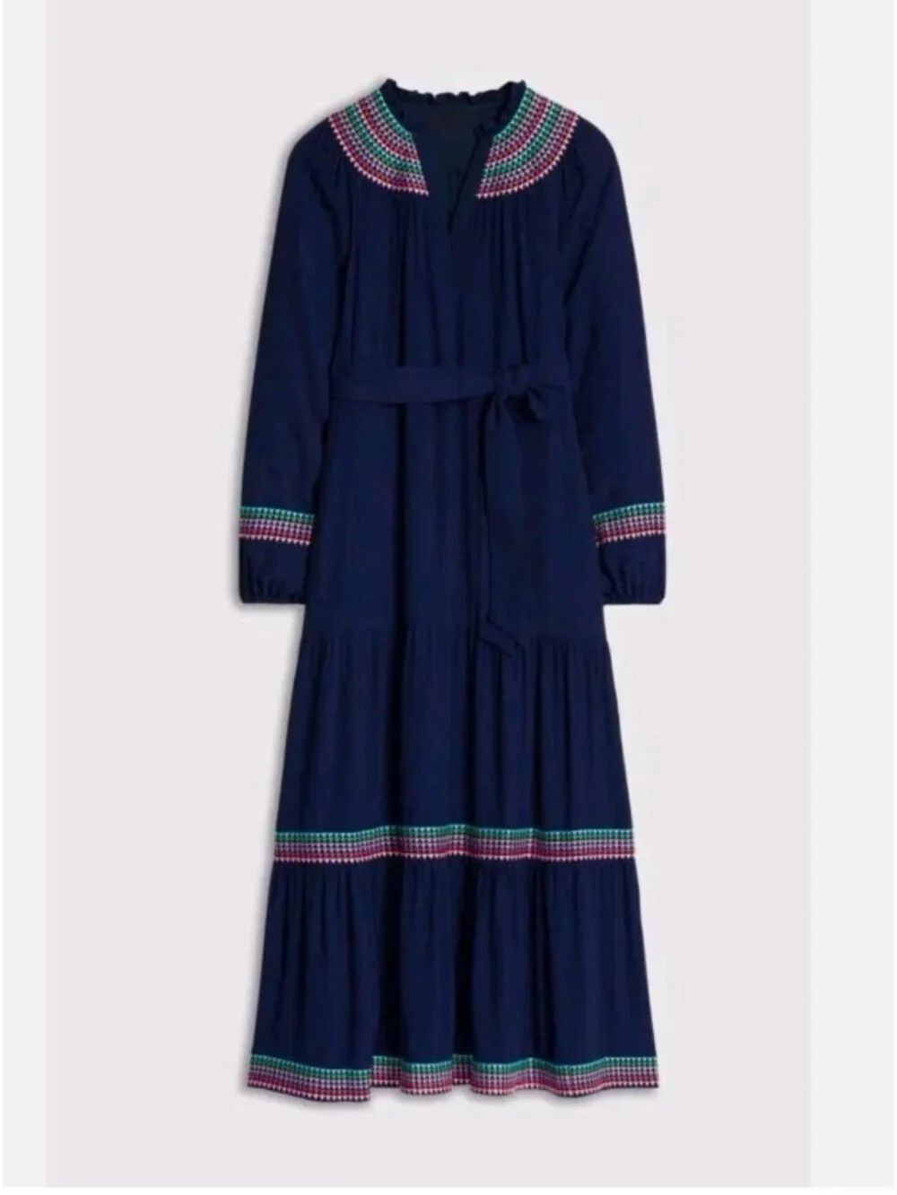 Boden Womens Embroidered Yoke Midi Dress UK 14R US 10 R Navy Blue D1130 NWT